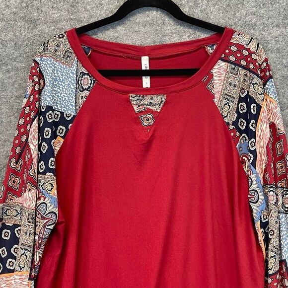 EMERALD Top 3XL Red Rayon Blend Patchwork Long Balloon Sleeve Raglan Blouse EUC - Picture 3 of 14
